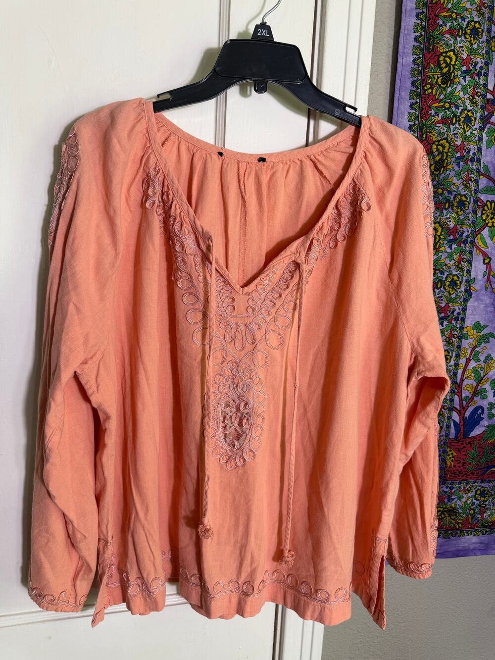 Coral Embroidered Peasant Blouse XL 2X Boho Tunic Top Long Sleeve Cottagecore